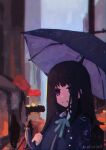 1girl absurdres aqua_ribbon black_hair chinese_commentary closed_mouth commentary_request highres holding holding_umbrella inoue_takina long_hair looking_at_viewer lycoris_recoil lycoris_uniform neck_ribbon outdoors people rain ribbon rnna sidelocks solo_focus umbrella upper_body violet_eyes 