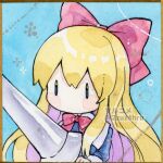  1girl 2zuz4hru blonde_hair blue_eyes blush_stickers bow bowtie commentary_request hair_bow holding holding_polearm holding_weapon lance long_hair long_sleeves no_mouth painting_(medium) polearm red_bow red_bowtie shanghai_doll solo touhou traditional_media very_long_hair watercolor_(medium) weapon |_| 