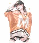  1girl 7_(milu577610) animification baggy_clothes black_hat black_shorts brown_hair collarbone garter_straps hair_behind_ear hand_on_headwear hat highres k-pop looking_to_the_side momo_(twice) open_mouth orange_shirt real_life shirt shorts smile solo sparkle thigh_strap twice_(group) white_background 