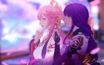  2girls blurry blurry_background braid dango depth_of_field earrings ears_down food genshin_impact hand_on_own_chin highres holding holding_food japanese_clothes jewelry keibleh kimono long_hair looking_at_another low-braided_long_hair low-tied_long_hair multiple_girls pink_hair purple_hair raiden_shogun sanshoku_dango signature smile upper_body violet_eyes wagashi yae_miko 