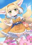  1girl :o animal_ears arknights blonde_hair blue_background blue_ribbon braid bubble_wand clouds collared_shirt commentary_request commission day dress flower fox_ears fox_girl fox_tail frilled_dress frills hair_rings highres holding kitsune kokone_(coconeeeco) kyuubi looking_at_viewer multicolored_hair multiple_tails neck_ribbon orange_dress outdoors parted_lips pink_flower puffy_short_sleeves puffy_sleeves ribbon shirt short_sleeves sidelocks skeb_commission skindentation sleeveless sleeveless_dress solo standing stuffed_animal stuffed_rabbit stuffed_toy suzuran_(arknights) suzuran_(let&#039;s_carnival!)_(arknights) tail thigh-highs translated twin_braids two-tone_hair white_flower white_hair white_shirt white_thighhighs 