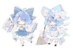  1girl ahoge apron ascot bare_shoulders black_footwear blue_bow blue_eyes blue_hair blue_hat blue_skirt blue_vest blush bow broom cirno closed_mouth cosplay detached_sleeves detached_wings fairy frilled_apron frills gohei hair_between_eyes hair_bow hakurei_reimu hakurei_reimu_(cosplay) hat hat_bow highres holding holding_gohei ice ice_wings japanese_clothes kirisame_marisa kirisame_marisa_(cosplay) long_sleeves multiple_views nikorashi-ka nontraditional_miko one_eye_closed ribbon-trimmed_sleeves ribbon_trim shirt shoes short_hair simple_background skirt smile socks touhou vest waist_apron white_apron white_background white_bow white_shirt white_sleeves white_socks wide_sleeves wings witch_hat yellow_ascot 