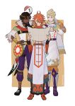  3boys antenna_hair blonde_hair blue_eyes brown_hair bunet_(fire_emblem) dark-skinned_male dark_skin earrings fire_emblem fire_emblem_engage fogado_(fire_emblem) gold_earrings gold_headband gold_necklace hahm0106 hair_ornament highres holding holding_map jewelry male_focus map messy_hair multiple_boys necklace open_mouth orange_hair pandreo_(fire_emblem) priest red_trim robe short_hair smile white_robe 