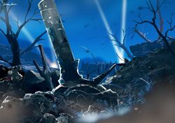  bare_tree battlefield blue_sky final_fantasy final_fantasy_xiv night night_sky no_humans ruins searchlight shadow sky tree trench yabuka_shiwa 