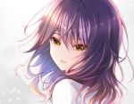  1girl closed_mouth gina_(gnosia) gnosia hair_between_eyes heterochromia hood hoodie long_sleeves looking_at_viewer medium_hair purple_hair rocomani simple_background sitting smile solo upper_body wavy_hair 