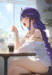  1girl ai-generated artist_request breasts closed_eyes coffee dress genshin_impact long_hair non-web_source open_mouth raiden_shogun sitting solo tagme yawning 