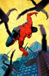  1boy blue_bodysuit blurry blurry_foreground bodysuit building city dan_mora depth_of_field highres marvel mechanical_arms red_bodysuit silk sky skyscraper solo spider-man spider-man_(series) spider_web superhero_costume two-tone_bodysuit yellow_sky 