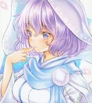  1girl alternate_costume blue_scarf blush closed_mouth hashtag-only_commentary letty_whiterock looking_at_viewer nekofish666 pom_pom_(clothes) purple_hair scarf short_hair smile snowflakes solo touhou twitter_username upper_body violet_eyes 