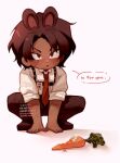  1boy animal_ears black_footwear black_pants bow carrot collared_shirt dark-skinned_male dark_skin english_text heart highres holster id_card jewelry limbus_company mipoyos necktie pants project_moon rabbit_ears red_necktie ring scar scar_on_arm scar_on_face scar_on_hand shirt shoes shoulder_holster simple_background solo speech_bubble sweatdrop twitter_username violet_eyes watermark white_background white_shirt 