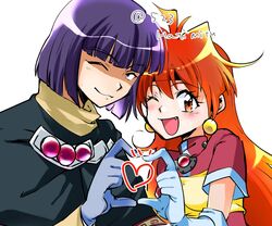  1990s_(style) 1boy 1girl :3 :d antenna_hair artist_name bandeau black_cloak black_headband blunt_bangs blunt_ends blush bob_cut breasts brown_eyes brown_shirt cloak closed_mouth earrings eyelashes fang gloves gorget grey_gloves hair_between_eyes hani_(523hatimitu) headband heads_together heart heart_hands heart_hands_duo height_difference jewelry lina_inverse long_hair looking_at_viewer notice_lines one_eye_closed open_mouth purple_hair red_shirt redhead retro_artstyle shaded_face shirt short_hair short_sleeves signature simple_background slayers small_breasts smile twitter_username unusually_open_eyes upper_body very_long_sleeves white_background white_gloves xelloss yellow_bandeau 