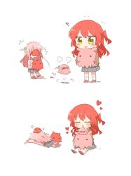  &gt;_&lt; 2girls ^^^ blush blush_stickers bocchi_the_rock! brown_footwear brown_shirt chibi closed_eyes cube_hair_ornament flying_sweatdrops gotoh_hitori gotoh_hitori_(octopus) grey_skirt hair_ornament highres jacket kita_ikuyo long_hair long_sleeves lying multiple_girls nose_blush on_stomach one_side_up open_mouth pants pants_under_skirt pink_hair pink_jacket pink_pants pleated_skirt puffy_long_sleeves puffy_sleeves rebecca_(keinelove) redhead sailor_collar school_uniform serafuku shirt shoe_soles shoes sitting skirt sleeves_past_wrists socks standing track_jacket track_pants track_suit very_long_hair white_sailor_collar white_socks yellow_eyes 