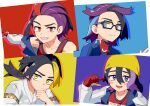 1boy absurdres asdge23 black-framed_eyewear black_hair closed_mouth commentary_request glasses gloves grin hand_up highres jacket kieran_(pokemon) looking_at_viewer male_focus mole mole_on_neck multicolored_hair multiple_views partially_fingerless_gloves pokemon pokemon_sv purple_hair red_gloves red_shirt shirt sleeveless sleeveless_shirt smile split_mouth tank_top teeth two-tone_hair white_jacket yellow_eyes 