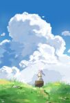  1girl absurdres blue_sky blush capelet clouds commentary_request cruvie cumulonimbus_cloud day elf floating_hair frieren from_side grass green_eyes grey_hair highres holding holding_suitcase long_hair looking_afar outdoors pointy_ears profile signature skirt sky solo sousou_no_frieren standing suitcase twintails white_capelet white_skirt wide_shot 