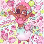 1girl :3 :d aqua_hair arms_up artist_name breasts brown_pupils cherry cherry_blossoms colored_extremities colored_eyelashes crop_top dango dango_earrings dark-skinned_female dark_skin doughnut dual_wielding fangs food foot_out_of_frame forehead foreshortening fruit frye_(splatoon) gradient_shorts happy harem_pants highres holding ice_cream inkling inset knee_up long_pointy_ears looking_at_viewer midriff multicolored_hair navel nonokusu_(no2xnox) official_alternate_costume official_alternate_hair_color one_eye_closed open_mouth orange_eyes pants patterned_background pink_hair pink_petals pink_shawl pink_shirt pointy_ears sanshoku_dango see-through see-through_shawl shawl shirt short_eyebrows shorts small_breasts smile socks solo splatoon_(series) splatoon_3 star-shaped_pupils star_(symbol) strawberry symbol-shaped_pupils toeless_footwear turtle two-tone_hair wagashi waist_bag white_socks