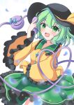  absurdres ako_oekaki black_hat blouse bow buttons diamond_button eyeball frilled_shirt_collar frilled_sleeves frills green_eyes green_hair green_skirt hat hat_bow hat_ribbon heart heart_of_string highres holding holding_phone koishi_day komeiji_koishi open_mouth phone ribbon shirt skirt third_eye touhou wide_sleeves yellow_bow yellow_ribbon yellow_shirt 