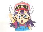  1girl arm_up blue_eyes blue_overalls character_name commentary_request dr._slump glasses hat highres long_hair looking_at_viewer norimaki_arale open_mouth overalls purple_hair purple_shirt shirt simple_background solo sooma4869 upper_body white_background white_wings wings 