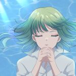  1girl absurdres closed_eyes collared_shirt commission expressionless green_hair gumi highres kamikawa_celery long_hair own_hands_clasped own_hands_together pixiv_commission popped_collar shirt solo upper_body vocaloid water 