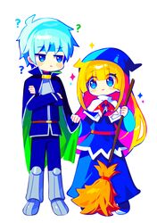  1boy 1girl ? absurdres blonde_hair blue_eyes blunt_bangs blush_stickers broom cape closed_mouth crossed_arms grey_hair headband highres holding holding_broom long_sleeves looking_at_another offbeat puyopuyo schezo_wegey short_hair simple_background white_background witch_(puyopuyo) 