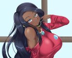  1girl alternate_costume alternate_hairstyle black_hair collarbone dark-skinned_female dark_skin dufreyjupiter earrings gold highres hoop_earrings jewelry lips long_hair necklace nessa_(pokemon) pokemon pokemon_swsh red_shirt shirt smile solo straight_hair 