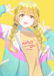  0niq 1girl absurdres blonde_hair bow braid double_v fujita_kotone gakuen_idolmaster hair_bow hair_ornament hairclip highres idolmaster jacket long_hair long_sleeves looking_at_viewer open_mouth sleeves_past_wrists smile solo twin_braids upper_body v yellow_background yellow_eyes 