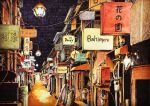  absurdres air_conditioner alley billboard cable chinese_text dark english_text highres ibsukionsen no_humans original painting_(medium) scenery shdow sign traditional_media wire 