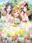  3girls :d absurdres aqua_eyes azalea_(love_live!) black_hair bouquet bow brown_eyes brown_hair closed_mouth collarbone dress floating_hair flower hair_bow hat highres holding holding_bouquet kunikida_hanamaru kurosawa_dia kyaku_tasu long_hair looking_at_viewer love_live! love_live!_sunshine!! matsuura_kanan multiple_girls open_mouth pink_flower polka_dot polka_dot_dress sleeveless sleeveless_dress smile striped_bow sun_hat very_long_hair violet_eyes white_dress white_flower white_hat yellow_bow 