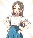  1girl blue_skirt blush brown_eyes buttons commentary_request emphasis_lines flat_chest floral_print forehead gakuen_idolmaster hair_ornament hands_on_own_hips idolmaster kuramoto_china leaf_hair_ornament light_brown_hair long_hair looking_at_viewer mmmakaron888 open_mouth parted_bangs print_skirt shirt short_sleeves skirt smile smug solo teeth upper_teeth_only v-shaped_eyebrows watch watch white_background white_shirt 