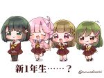  4girls :q anyoji_hime black_hair black_pantyhose blush brown_dress brown_hair chibi closed_eyes closed_mouth commentary_request dress fukune_koko full_body furrowed_brow green_eyes green_hair hair_ornament hairclip hasu_no_sora_school_uniform highres jacket kachimachi_kosuzu link!_like!_love_live! long_hair long_sleeves looking_at_viewer love_live! momose_ginko multiple_girls neckerchief oogami_sachi open_clothes open_jacket open_mouth orange_eyes pantyhose pink_hair pink_jacket ponytail sailor_collar school_uniform short_hair smile socks standing standing_on_one_leg thick_eyebrows tongue tongue_out translation_request twitter_username v-shaped_eyebrows violet_eyes virtual_youtuber white_background white_sailor_collar white_socks winter_uniform yellow_neckerchief 