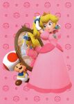  1boy 1girl 3d artist_request blonde_hair blue_eyes breasts dress earrings full_body gloves highres jewelry long_hair mirror official_art pink_dress ponytail princess_peach smile sphere_earrings super_mario_bros. toad_(mario) white_gloves 