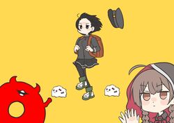  2girls absurdres abyssal_ship ahoge akitsu_maru_(kancolle) akitsu_maru_kai_(kancolle) backpack bag black_eyes black_hair black_jacket black_skirt black_thighhighs braid brown_eyes brown_hair capelet clapping daichi_(daiti1318) enemy_lifebuoy_(kancolle) gakuran hat highres hood hood_up hooded_capelet jacket kantai_collection kyoufuu_all_back_(vocaloid) long_hair miss_cloud multiple_girls parody peaked_cap pleated_skirt school_uniform shinshuu_maru_(kancolle) short_hair skirt thigh-highs twin_braids unworn_hat unworn_headwear 