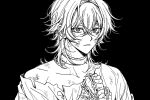  1boy aventurine_(honkai:_star_rail) black_background chain closed_mouth collar goodsoluinoon greyscale hair_between_eyes honkai:_star_rail honkai_(series) injury looking_at_viewer male_focus messy_hair monochrome shirt short_hair simple_background solo torn_clothes torn_shirt 