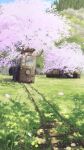  abandoned cherry_blossoms day falling_petals grass highres original outdoors overgrown petals pochi_(poti1990) railroad_tracks scenery streetcar tree 