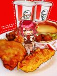  +_+ 1girl arknights brown_shirt brown_shorts chibi chicken_(food) chicken_sandwich coat cup disposable_cup exusiai_(arknights) fast_food food food_focus fried_chicken halo hands_on_own_face heart highres kfc neckerchief open_mouth red_neckerchief redhead sandwich shirt shorts solo white_coat yume_harukasumi 
