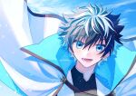  1boy black_hair blue_cloak blue_eyes cape charlemagne_(fate) cloak fate/grand_order fate_(series) hair_between_eyes highres looking_at_viewer male_focus multicolored_hair shirt short_hair smile solo streaked_hair tomato_(otom67) twitter_username two-sided_cape two-sided_fabric two-tone_hair white_cape white_cloak white_hair 