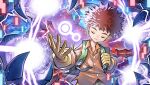  1boy akamine_naoki artist_logo artist_name atlurkabuterimon atlurkabuterimon_(red) backpack bag brown_hair closed_eyes digimon digimon_adventure electricity extra_arms gloves highres insect_wings male_focus orange_shirt shirt short_hair spiky_hair wings yellow_gloves 