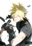  1boy armor black_feathers blonde_hair blood blood_on_face buster_sword cloud_strife feathers final_fantasy final_fantasy_vii final_fantasy_vii_rebirth final_fantasy_vii_remake fui_(fui29493452) gloves green_eyes highres holding holding_sword holding_weapon light_smile male_focus possessed shirt short_hair shoulder_armor single_shoulder_pad sleeveless sleeveless_turtleneck spiky_hair suspenders sword turtleneck weapon white_background 