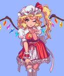  1girl ascot blonde_hair blowing_kiss blurry blurry_background crystal flandre_scarlet frilled_skirt frills hat looking_at_viewer mob_cap multicolored_wings one_eye_closed one_side_up open_mouth pixel_art potemki11 puffy_short_sleeves puffy_sleeves red_eyes red_vest short_sleeves side_ponytail skirt solo thigh-highs touhou vest white_thighhighs wings yellow_ascot 