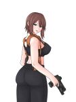  absurdres blue_eyes briar_(gamingsentry) brown_hair fde from_behind gun handgun highres holding holding_weapon holster knife knife_sheath looking_at_viewer non-web_source original pants sheath shoulder_holster smith_&amp;_wesson sports_bra weapon yoga_pants 