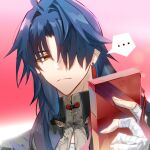  ... 1boy absurdres bandaged_hand bandages blade_(honkai:_star_rail) blue_hair chinese_clothes earrings gift gradient_background hair_over_one_eye highres holding holding_gift honkai:_star_rail honkai_(series) jewelry long_hair looking_at_object male_focus orange_eyes portrait qing_ning_elsa red_background solo spoken_ellipsis white_day 