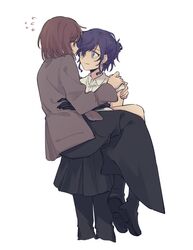  0_(prsk_ak1) 2girls asahina_mafuyu black_footwear black_gloves black_pants black_skirt blue_eyes brown_eyes brown_hair brown_jacket carrying cropped_legs eye_contact flying_sweatdrops gloves hair_bun highres jacket long_skirt long_sleeves looking_at_another multiple_girls pants pants_under_skirt pleated_skirt princess_carry profile project_sekai purple_hair shinonome_ena shoes short_hair short_hair_with_long_locks sidelocks simple_background skirt white_background yuri 