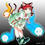  1girl adjusting_clothes animal_ear_fluff animal_ears black_footwear blush braid bright_pupils cat_ears cat_tail dated dress frills ghost gradient_background green_dress hitodama kaenbyou_rin katasumi looking_at_viewer multiple_tails nail_polish open_mouth red_eyes red_nails red_ribbon redhead ribbon skull smile striped_clothes tail touhou twin_braids two_tails white_pupils 