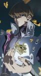  1boy black_shirt blue_eyes blurry blurry_foreground brown_hair coat covered_collarbone highres kaiba_seto looking_down male_focus millennium_puzzle shirt short_hair solo upper_body white_coat youduk yu-gi-oh! yu-gi-oh!_the_dark_side_of_dimensions 