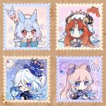  &gt;_o 4girls :d ;d ahoge ameoto_00 animal_ears aqua_eyes aqua_shirt artist_name ascot blue_ascot blue_background blue_border blue_bow blue_eyes blue_hair blue_hat blue_jacket blunt_bangs blush border bow bow-shaped_hair bowtie brooch brown_background bubble cake cake_slice cherry chibi circlet closed_mouth commentary crop_top curled_horns detached_collar detached_sleeves double-parted_bangs drop-shaped_pupils english_commentary eyelashes fake_horns fish food frilled_sleeves frills fruit furina_(genshin_impact) genshin_impact gloves gradient_background gradient_hair hair_between_eyes hair_intakes hair_ornament half_gloves hand_up hands_up harem_outfit hat hat_bow heart highres holding horns jacket jellyfish jewelry light_smile long_hair long_sleeves looking_at_viewer low_twintails medium_hair multicolored_hair multiple_girls nilou_(genshin_impact) nurse_cap one_eye_closed open_mouth parted_bangs pink_background pink_hair pom_pom_(clothes) pom_pom_hair_ornament postage_stamp puffy_detached_sleeves puffy_long_sleeves puffy_sleeves purple_background purple_hair rabbit red_bow red_bowtie red_eyes redhead sangonomiya_kokomi seashell shell shirt short_eyebrows short_twintails sidelocks sigewinne_(genshin_impact) simple_background sleeveless sleeveless_shirt smile sparkle stamp_mark streaked_hair surintendante_chevalmarin swept_bangs symbol-shaped_pupils tail tilted_headwear top_hat twintails twitter_username upper_body veil very_long_hair violet_eyes white_gloves white_hair white_hat white_shirt white_sleeves white_veil yellow_background 
