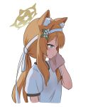  1girl animal_ear_fluff animal_ears blue_archive blue_eyes blush cat_ears closed_mouth flower from_side hair_flower hair_ornament halo heeya highres long_hair mari_(blue_archive) mari_(track)_(blue_archive) official_alternate_costume orange_hair profile shirt short_sleeves simple_background solo sweat upper_body white_background white_flower white_shirt yellow_halo 