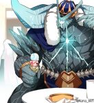  1boy cup fate/grand_order fate_(series) food glowing helmet holding holding_food holding_ice_cream hot_dog ice_cream ice_cream_cone indoors ivan_the_terrible_(fate) kaidou_j1 male_focus muscular muscular_male pectorals sitting table triple_scoop twitter_username waffle_cone 