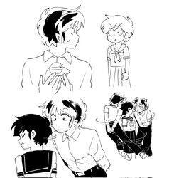  1boy 1girl closed_eyes commentary cone_horns floating genderswap genderswap_(ftm) genderswap_(mtf) horns lizze_35 looking_at_another lum monochrome moroboshi_ataru multiple_views neckerchief pants sailor_collar school_uniform serafuku shirt short_hair simple_background urusei_yatsura 