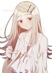  1girl 4rion absurdres blonde_hair blush camisole expressionless gakuen_idolmaster hair_ornament hairclip highres idolmaster jacket long_hair looking_at_viewer open_clothes open_jacket orange_eyes parted_lips shinosawa_hiro simple_background solo upper_body white_background 