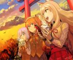  3girls animal_ears autumn baozi brown_hair brown_vest cat_ears clouds dated fate/grand_order fate_(series) fon-due_(fonfon) food fujimaru_ritsuka_(female) grey_skirt hair_over_one_eye holding holding_phone mash_kyrielight multiple_girls open_mouth orange_eyes orange_hair outdoors phone pink_eyes pink_hair pleated_skirt red_ribbon red_skirt ribbon shirt side_ponytail signature skirt sunset suzuka_gozen_(fate) torii tree vest white_shirt 