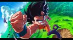  2boys antennae black_hair blurry blurry_background child clenched_hands colored_skin dragon_ball dragon_ball_(classic) goku_day green_skin highres hole_in_chest hole_on_body injury looking_at_another looking_down male_focus motion_lines multiple_boys orange_pants orange_shirt pants piccolo_daimaou piccolo_day purple_pants purple_shirt shirt son_goku spiky_hair srojam torn_clothes torn_pants torn_shirt 