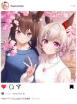  2girls absurdres admire_vega_(umamusume) animal_ears blue_sweater bow brown_hair cherry_blossoms curren_chan_(umamusume) ear_bow ear_covers fake_screenshot grey_hair hair_between_eyes hair_ribbon highres horse_ears horse_girl instagram jewelry long_hair long_sleeves looking_at_viewer low_ponytail multiple_girls necklace red_bow ribbon rukinya_(nyanko_mogumogu) short_hair single_ear_cover sweater umamusume v violet_eyes white_ribbon white_sweater 